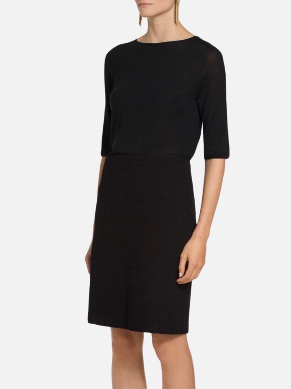 St. John Micro Boucle Knit Pencil Skirt w/ Leather detailing